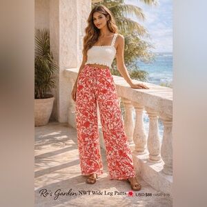 Ro’s Garden NWT Red Cotton Floral Wide Leg Pants Resort Vacation Palazzo ~ Large